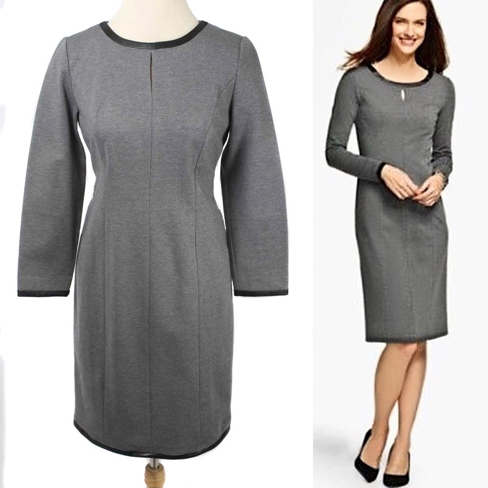 TALBOTS Gray Ponte Knit Faux Leather Trim Dress Women's Size 8P